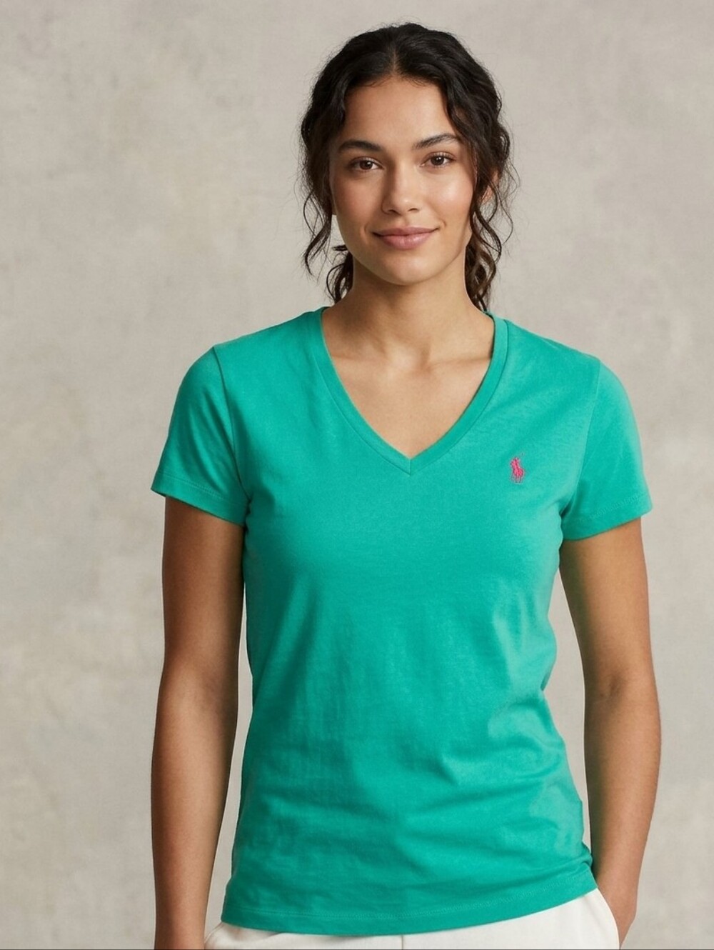 Ralph Lauren Short Sleeve V-Neck Tee in Teal Green | Size M | Women's